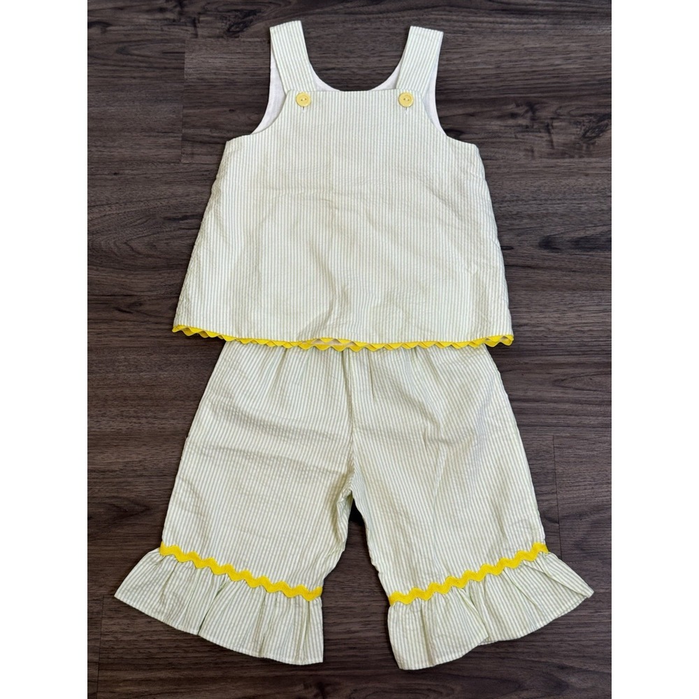Remember Nguyen Outfit Set 2T Green Seersucker Ric Rac Ruffle Classic Preppy